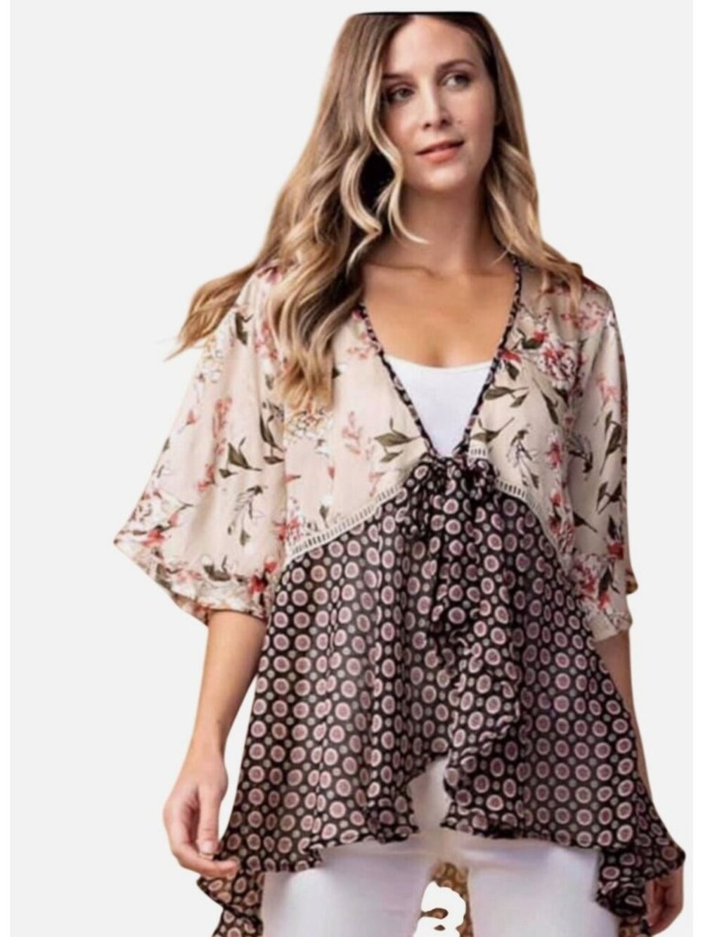 Kori Womens L Boho Kimono Cardigan Top Floral Tie Front Sheer Hem Flowy Chic Fal